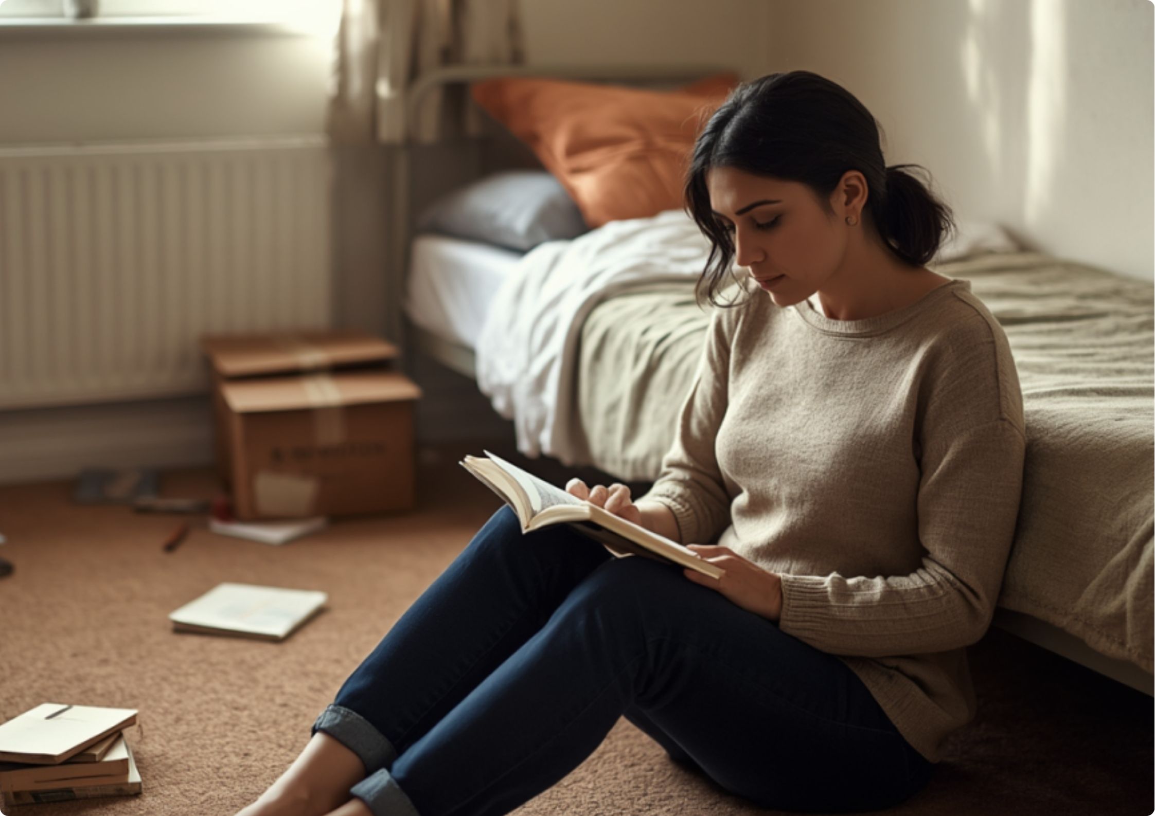A woman sitting on a bedroom floor reading her childhood journals.