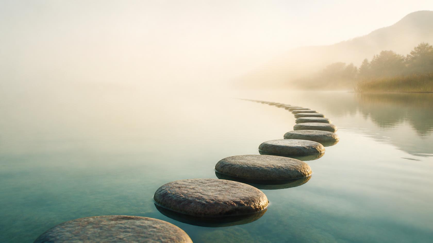 A line of smooth stepping stones curving across calm water into soft morning mist.